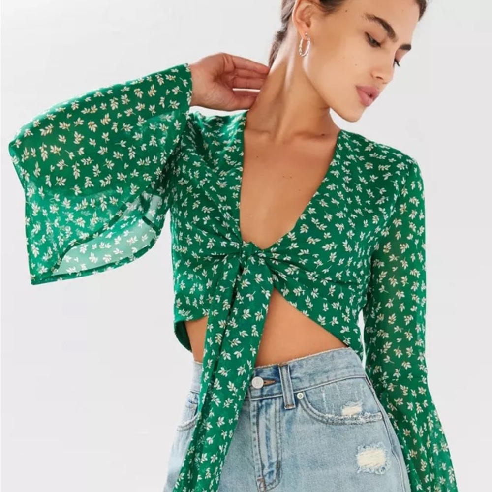 Urban Outfitters Green Floral Tie Front Bell Sleeve Crop Top